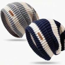 2pcs Loose Fit Ear Muff Hats - Elastic Warm Winter Windproof Cycling Cap, Suitable For Daily And Special Occasions - Navy Blue/White/Gray/Striped Colors - Hand Wash Only, Retro Aesthetic, Fitted Design, Unisex, Fashionable Headwear - Multicolor - View 10