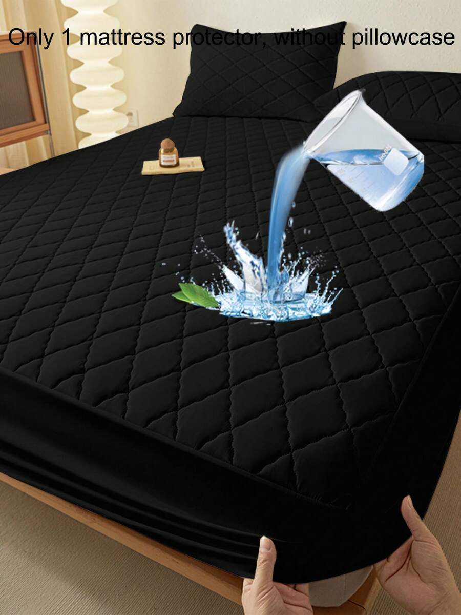 1pc Skin-Friendly Breathable Soft Comfortable Diagonal Plaid Pure Black Pattern Quilted Mattress Protector, Bedroom Solid Color Moisture-Wicking Mattress Cover, Mattress Pad, Mattress Protector, Encasement, Protects Mattress, Bedding (Pillow Case Not Included) - Black - View 1