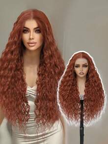 13x6 Lace Front Wig 24 Inch Synthetic Lace Wig Water Wave Wig Deep Hair Natural Fashion Curly Hair Wine Red Rust Brown Synthetic Heat Resistant Fiber Suitable For Women's Daily And Holiday Party Wear - Multicolor - View 13