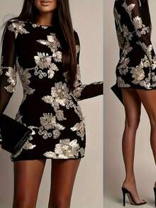 Floral & Leaf Print Long Sleeve Women Short Dresses - Black - View 3