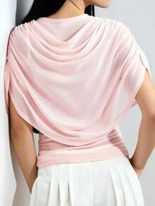 Women's Polka Dot Flowy Tops Satin Off The Shoulder Short Sleeve Loose Asymmetrical Neck Ruched Work Office Shirts  Batwing Sleeve Blouse Vacation Outfits Women Going Out Outfit - Hồng - Xem 6