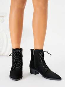 Bottes de mode pour femmes automne/hiver, nouvelles bottes de cheville vintage avec boucle en métal, bottes en daim synthétique à bout pointu et talon épais, bottes de navettage polyvalentes rétro avec fermeture éclair latérale, bottes de cheville bordeaux - Noir - Voir 3