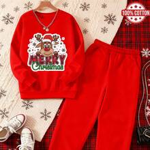 Conjunto de 2 peças feminino com estampa de rena natalina, composto por moletom 100% algodão com bolso e calça folgada com cordão. Macio e respirável, ideal para outono/inverno, perfeito para passeios casuais, encontros familiares e para combinar com outras roupas da família.