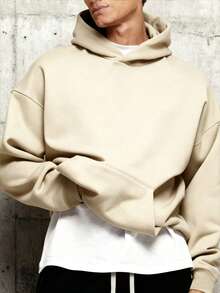 男士休闲运动卫衣 - 纯色，长袖，针织面料，H型版型，适合徒步旅行和户外活动，涤纶材质，圆领，秋冬运动上衣 - 卡其色 - 查看 2