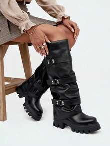 Women's Knee High Boots Fold Over Platform Wide Calf Round Toe Shoes Slouchy Outdoor Indoor Winter Fall Boots For Women - 黑色 - 查看 1