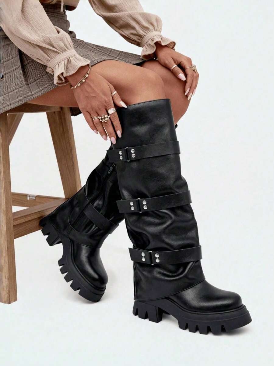 Women's Knee High Boots Fold Over Platform Wide Calf Round Toe Shoes Slouchy Outdoor Indoor Winter Fall Boots For Women - 黑色 - 查看 1