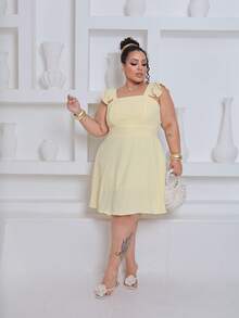 Plus Size Short Dress In Duna Fabric With Ruffled Straps And Elastic Back, Lined, Sizes GG G2 - 淺黃色 - 查看 2