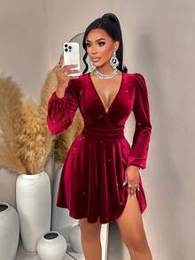 AIJ Amarilo Elegant Agra Red Color Sexy V-Neck Slim Fit A-Line Puff Sleeve Velvet Flash Sequin Party Mini Dress, Suitable For Party And Daily Commuting, Halloween, Fall Wedding Guest Dress, Christmas Women's Clothing, New Year Women, Fall/Winter Clothes For Women - Burgundy - View 7