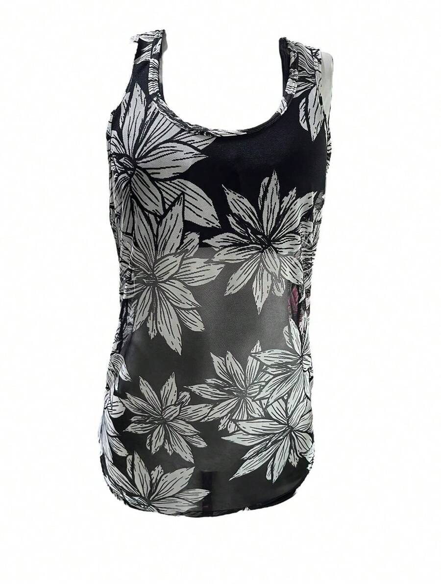 Women's Transparent Tulle Tank Top Gym Clothing Fitness Fashion - 黑與白 - 查看 1