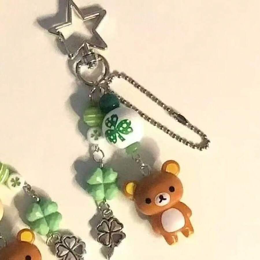 Lucky Easy Bear Keychain Pendant Guben Chain Beaded Four-Leaf Clover Mobile Phone Chain Pendant Little Bear - B - Xem 1