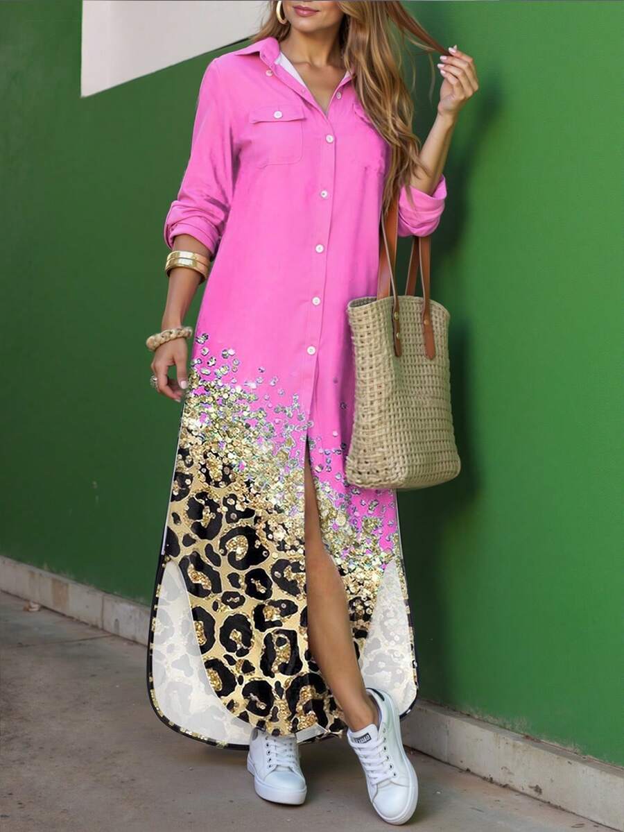 女士衬衫裙春夏时尚长袖衬衫领中长款连衣裙宽松休闲豹纹连衣裙 - 粉色 - 查看 1