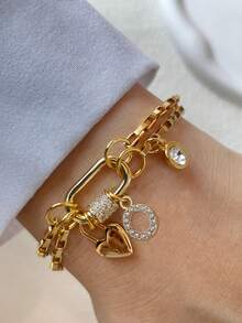 1pc STYLEVER Gold-Color A-Z Letter Bracelet, Screw Clasp Chain, Minimalist Rhinestone Letter Pendant, Stainless Steel Chain, Unique Charm Bracelet, Suitable For Daily, Party, Banquet Decoration - Yellow Gold - View 7