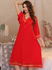 1件女士圣诞风格真丝长袍，复古蕾丝拼接，柔软宫廷风睡裙，四季皆宜，秋冬季节亦可穿着，宽松睡裙 - 紅色 - 查看 2