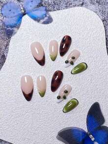 10pcs Handmade Almond-Shaped Leopard Print Tie Dye Green Gradient False Nails, Handcrafted Leopard Print Tie Dye Green Coffee Bean, Hand-Painted Green Tie Dye Gradient, Elegant And Romantic Minimalist Wear, High-End Sexy Luxury Manicure Stickers, Suitable For Daily, Dates, Concerts And Light Business Occasions, An Excellent Gift For Women And Girls Nail Supplies - Multicolor - View 4