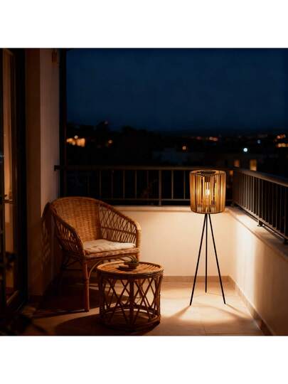 1pc made Rattan Vertical Solar Lamp, Metal Tripod Lantern, Rustic Vloer le Outdoor As Family Friends, Perfect Choice Souvenirs, Adding Natural Warm Atmosphere To Indoor/Outdoor Spaces, Versatile Camping, Garden, Patio, Pathway ation view 6