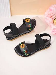 1 par de sandalias lindas y sencillas para niñas con patrón bordado de margaritas, correa elástica ajustable, punta redonda y suela suave, apropiadas para uso en verano - Negro - Ver 6