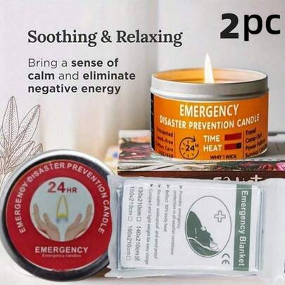 户外应急救生毯 / 应急蜡烛 / 可燃烧24小时植物大豆蜡蜡烛 / 适用于停电情况下露营 / 防震 / 防灾 / 求生户外照明蜡烛+便携式PET银色应急毯 / 救生保暖毯 / 户外装备 / 户外求生必备