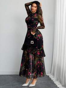 Đầm nữ phong cách Gothic thanh lịch, gợi cảm, phối lưới, in họa tiết nhiều màu sắc, tay áo cánh hoa, xếp ly, dáng đuôi cá, hai lớp, thích hợp cho mùa xuân. - Nhiều màu - Xem 6