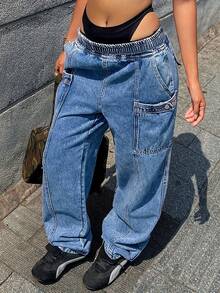 Women's Mid Waist Washed Blue Elastic Waistband, Multi Pocket Work Pants, Denim Pants - 中等水洗藍 - 查看 5