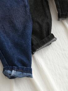 2件套婴儿男女童时尚水洗休闲牛仔背带裤/连体裤，适合春秋季穿着 - 深色水洗藍 - 查看 5