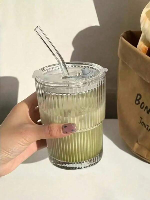 1 Set Of Striped Glass Cup With Straw And Lid, Portable Minimalist Water Bottle, Vertical Striped Glass Cup, High-Quality Reusable Coffee And Juice Cup, Multi-Purpose Beverage Container, Suitable For Home, Office, Beach, Various Parties, Applicable For Coffee, Tea, Milk, Iced Americano And Milkshake