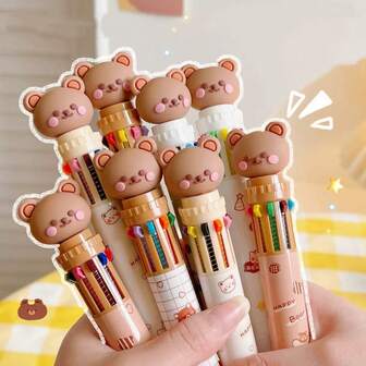1 pièce Ensemble de stylos à bille multicolores mignons thème ours, avec un stylo rétractable à mécanisme à bouton-poussoir. Fabriqué en plastique, ce stylo ne nécessite pas de piles. Disponible en différentes couleurs, il convient aux enfants de plus de 14 ans comme outil pratique pour la planification et l'écriture quotidiennes.