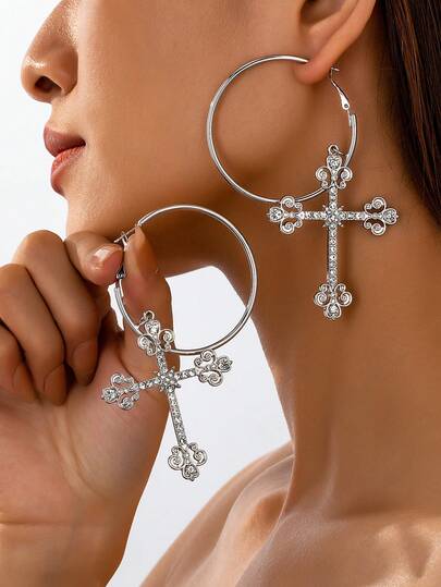 1 pereche cercei rotunzi în formă de cruce, stil punk, potriviți pentru purtarea zilnică, petrecere sau cadou de la femei