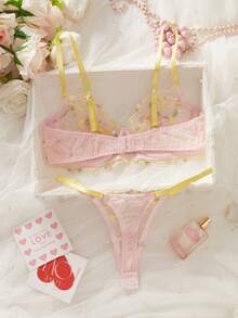 Cute Butterfly 3D Floral Embroidery Thin Cup Sexy Women Lingerie Set - Multicolor - View 2
