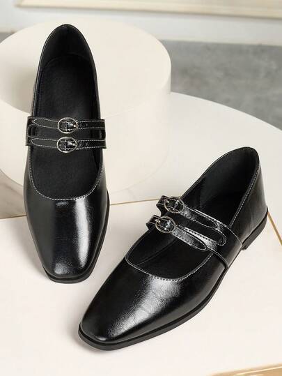 黑色复古法式双带玛丽珍鞋，方头平底鞋，舒适百搭，镂空设计，适合所有季节，芭蕾平底鞋