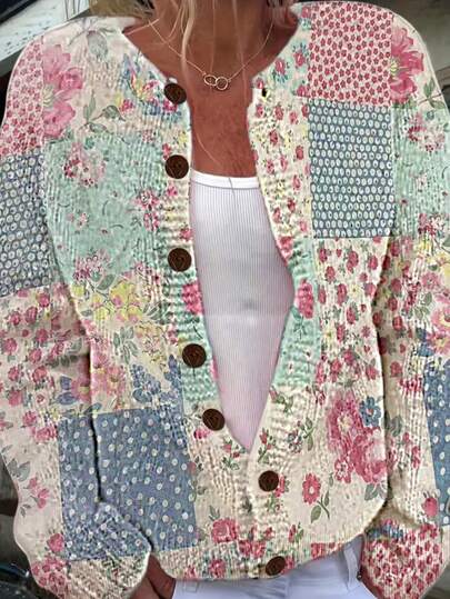 Plus Size Women's Floral Print Long Sleeve Single Breasted Casual Autumn And Winter Loose Sweater Cardigan