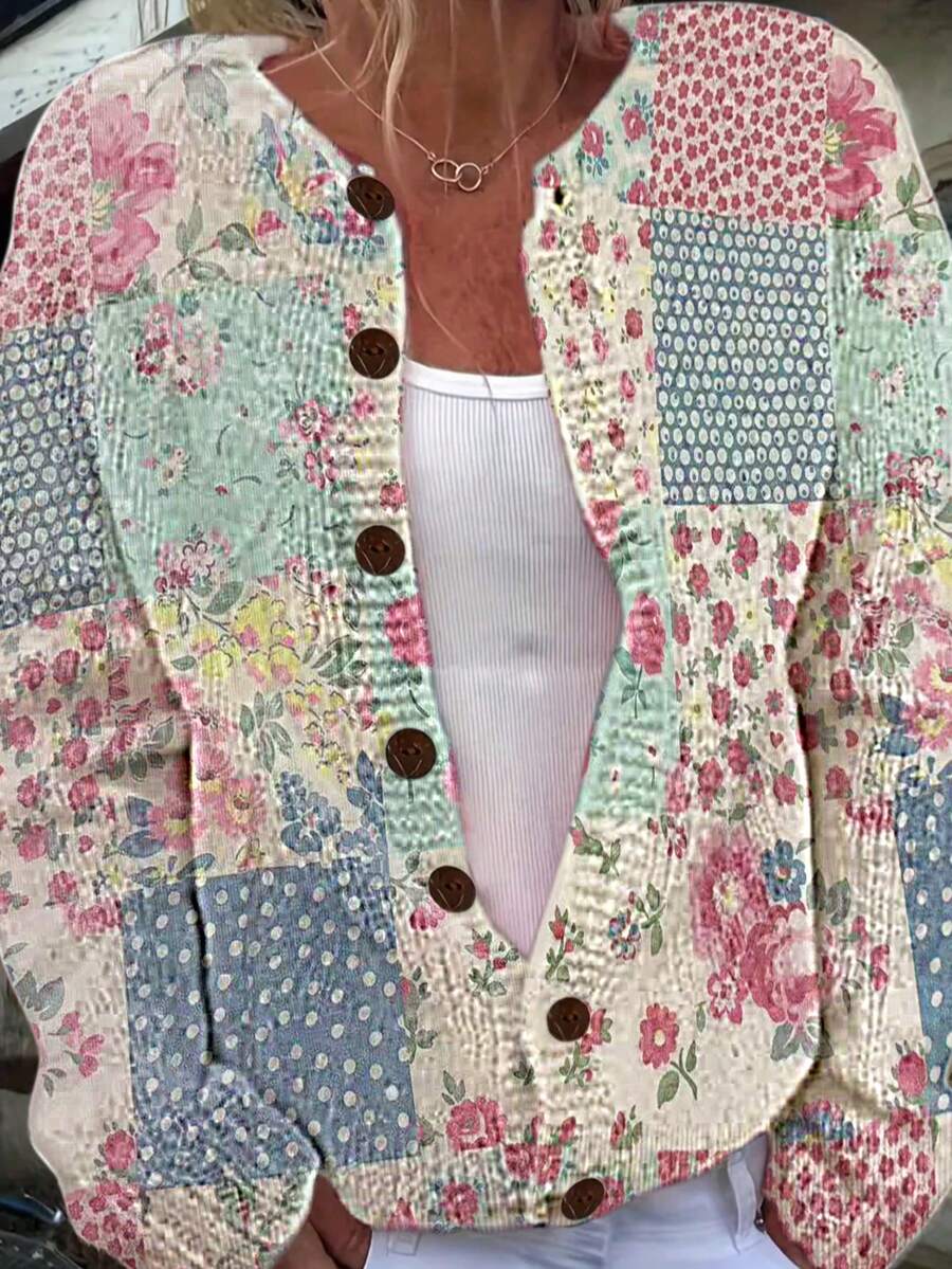 Plus Size Women Printed Long Sleeve Single-Breasted Casual Loose Knit Cardigan, Autumn/Winter Vacation - Color - View 1