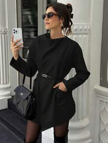 Scarf Shawl Floral Chiffon Hidden Button Pocket Woolen Coat - Black - View 3