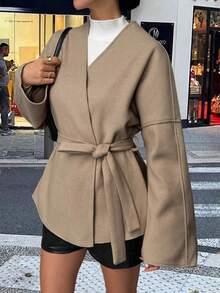 Vaiaye 女士纯色羊毛开衫外套，适合新年和感恩节穿着 - 卡其色 - 查看 10