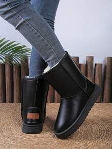 Western Style Thick Fleece Snow Boots For Women, Christmas Home Thick Sole Anti-Slip Boots, Brown, Black, Gray, Mid-Calf, Tall Snow Boots, Outdoor Thick Warm Boots, Casual Anti-Slip Snow Boots, Guiding Boots, Flat Furry Shoes, Comfortable Women Shoes - Black - View 4
