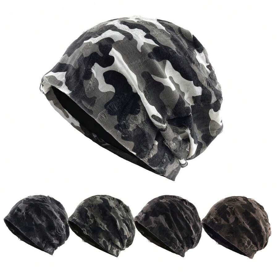 Gorro tipo beanie unisex con estampado de camuflaje, impresión de letras y agujeros desgastados, gorro elástico y ligero para hombres y mujeres, gorro cómodo y suave, gorro apilable, accesorio de moda urbana y hip hop, ideal para otoño e invierno