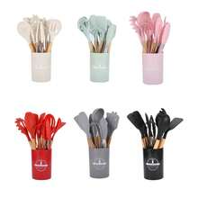 12-Piece Silicone Kitchen Utensil Set With Wooden Handles, Simple Kitchen-Style Cooking Tools With Storage Bucket, Colorful Kitchen Utensil Set In A Box, Multifunctional Spatula And Spoon Combination, Gift Recommendation For The Winter Kitchen - 粉色 - 查看 7