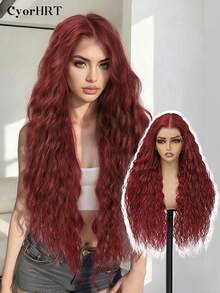 13x6 Lace Front Wig 24 Inch Synthetic Lace Wig Water Wave Wig Deep Hair Natural Fashion Curly Hair Wine Red Rust Brown Synthetic Heat Resistant Fiber Suitable For Women's Daily And Holiday Party Wear - Multicolor - View 12