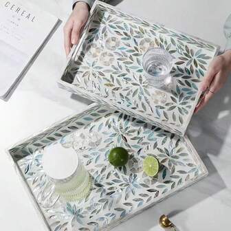 1 pieza/2 piezas Bandeja rectangular con incrustaciones de conchas con forma de hoja azul, plato decorativo de conchas de colores hecho a mano para frutas, joyería, almacenamiento de escritorio en el hogar, decoración de fiestas de Navidad y Halloween, regalo