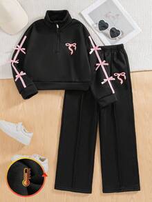 مجموعة ملابس علوية وبنطلون بتصميم سحاب وفيونكة للبنات، بأكمام طويلة وياقة منسدلة، قطعتان، بتصميم كاجوال وأنيق، من الفليس، مناسبة للخريف والشتاء - الأسود - مشاهدة 1