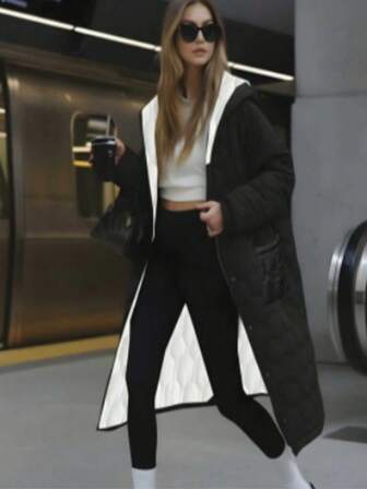 Women Long Sleeve Black Quilted Winter Coat Knee Length Medium Stretch Jacket For Cold Weather