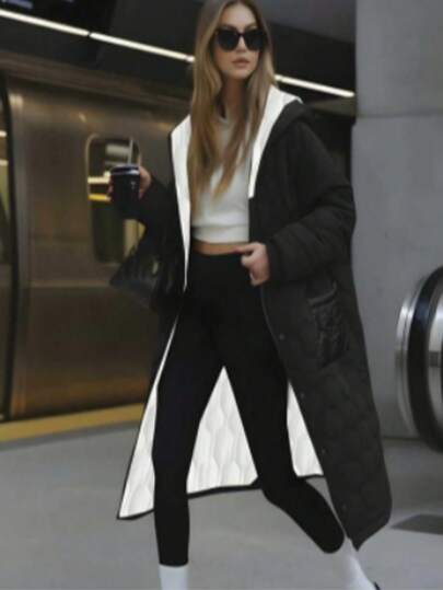 Abrigo acolchado negro de manga larga para mujer, de longitud hasta la rodilla, con estiramiento medio para clima frío