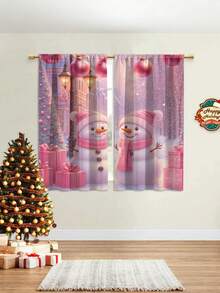 2件套圣诞主题磨毛数码印花窗帘，粉色圣诞雪人吊坠营造圣诞氛围，杆袋式安装，半透明涤纶面料 - 彩色 - 查看 4
