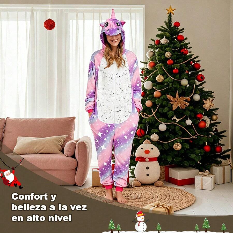Pijama Unicornio Adulto Unisex Peluche, Pareja Pijamas Invierno Otoño, Mono Cartoon Estrella Cola Colorida, Disfraz Halloween Navidad, Regalo Dormir en Casa Adultos - Morado - Ver 1