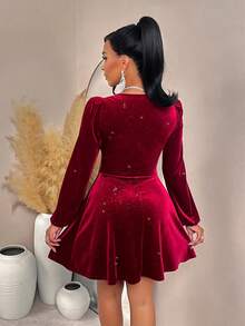 AIJ Amarilo Elegant Agra Red Color Sexy V-Neck Slim Fit A-Line Puff Sleeve Velvet Flash Sequin Party Mini Dress, Suitable For Party And Daily Commuting, Halloween, Fall Wedding Guest Dress, Christmas Women's Clothing, New Year Women, Fall/Winter Clothes For Women - Burgundy - View 2