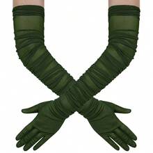 Hazhlko Women's Super Long Stretchy Ruched Mesh Tulle Sheer Gloves Costume Opera Party 1920's Dance Gloves{"Color_name":"DarkGreen"} - 深綠色 - 查看 1
