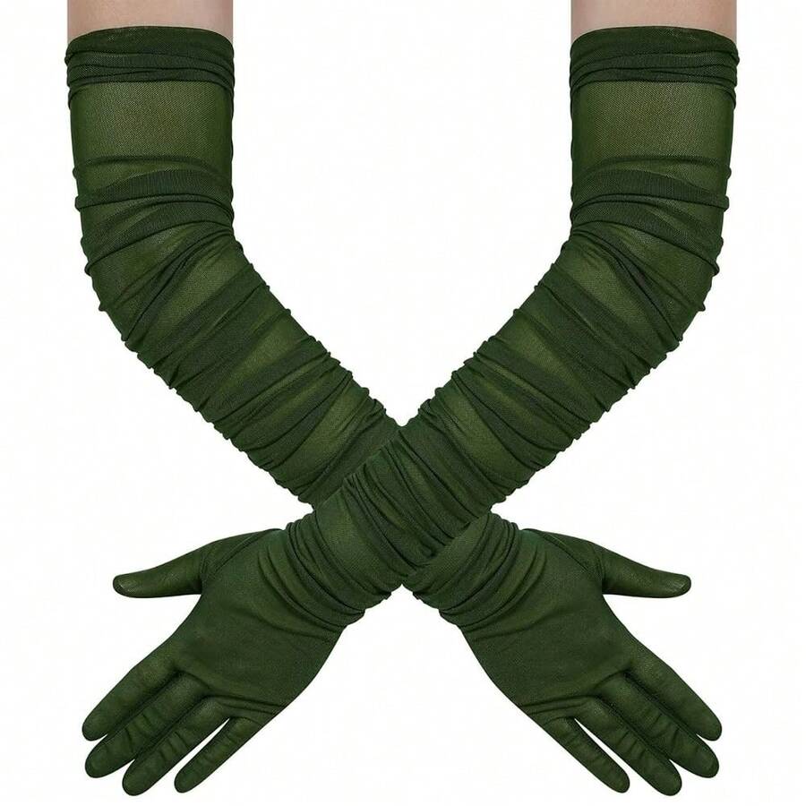 Hazhlko Women's Super Long Stretchy Ruched Mesh Tulle Sheer Gloves Costume Opera Party 1920's Dance Gloves{"Color_name":"DarkGreen"} - 深綠色 - 查看 1