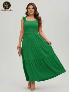 Women's Plus Size Long Dress, Three Marias Style, Elegant Evangelical Fashion, Party Dress, Sleeveless, Strapless, Ruffled, Dune - 綠色 - 查看 1