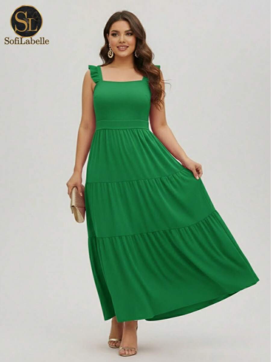 Women's Plus Size Long Dress, Three Marias Style, Elegant Evangelical Fashion, Party Dress, Sleeveless, Strapless, Ruffled, Dune - 綠色 - 查看 1