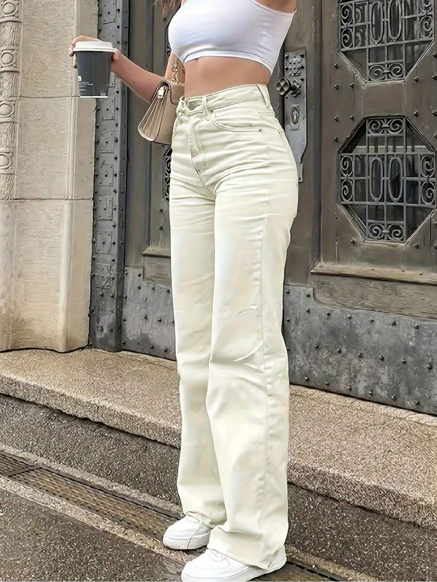 ARWY 女士纯色简约时尚百搭高腰修身直筒牛仔裤,适合休闲、旅行、约会、四季皆宜、返校季、复活节、独立日、狂欢节、圣诞节等春季穿着。 - 淺杏色 - 查看 1