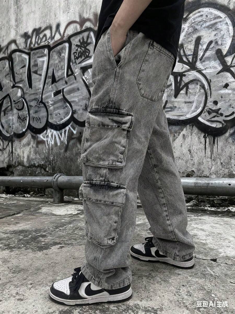 Spring And Summer Men's Cargo Pants, Washed Gray Denim, Streetwear Style, With 8 Large Pockets, Elastic Waistband, Sizes S To XL - 水洗灰 - 查看 1